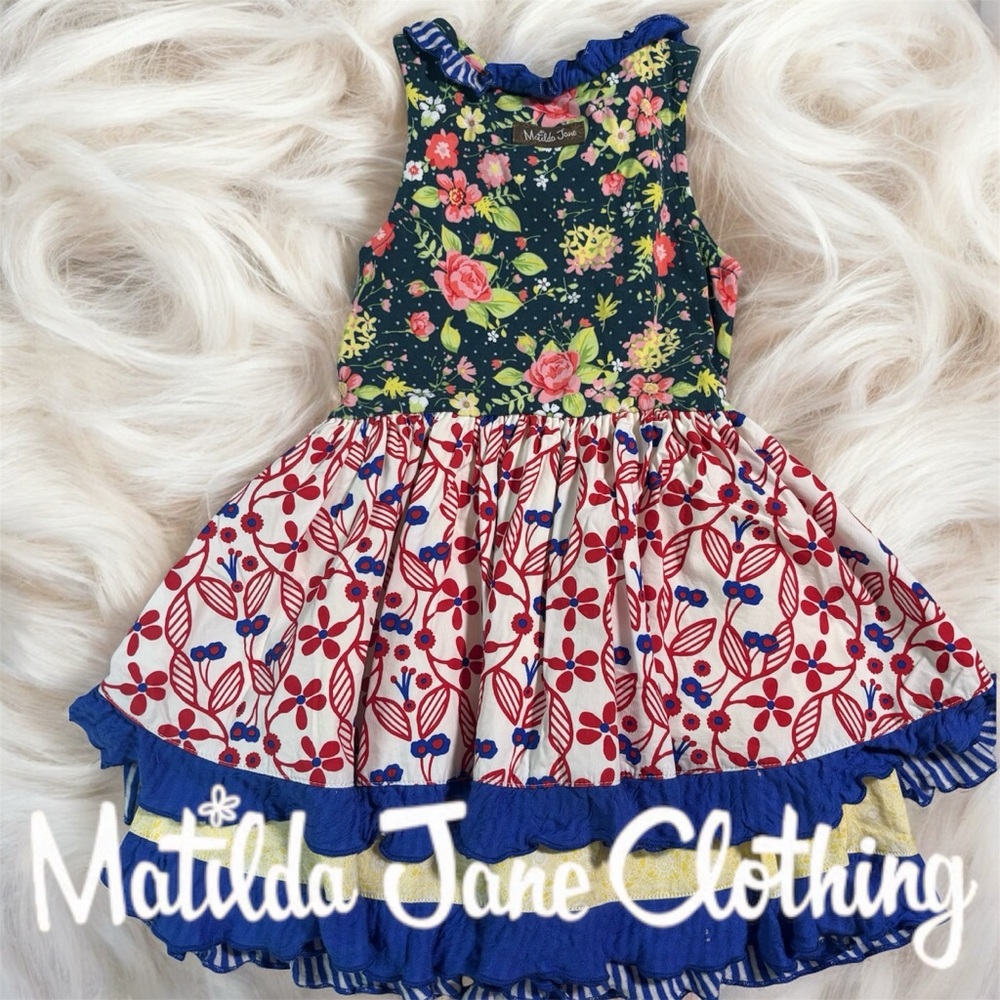 Matilda Jane Floral and Striped Dress with Ruffle Trim size 2.